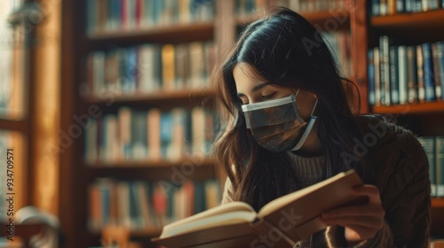 Female scholar in a medical mask engaged in study at a library during the pandemic, fashionable young individual preparing for exams by taking notes.