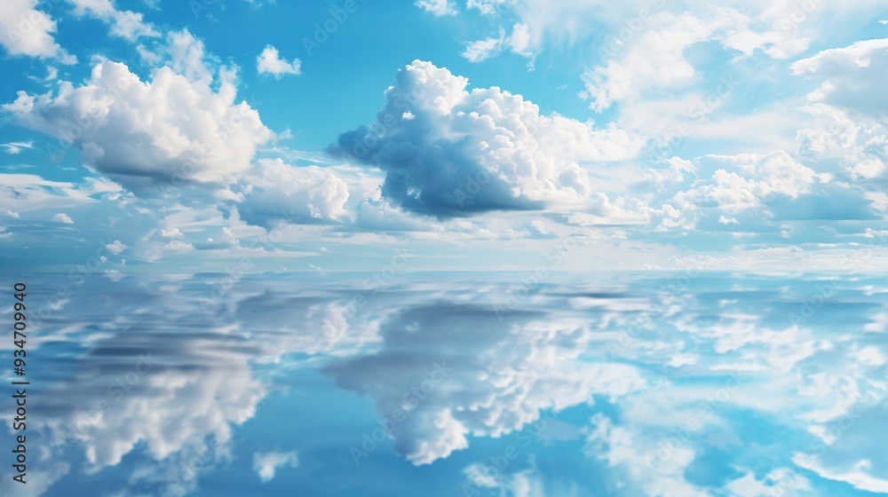 The Serene Blue Sky, White Clouds and Water Surface Reflection Background: A Tranquil Visual Oasis. The Serene Blue Sky, White Clouds and Water Surface Reflection Background: A Tranquil Visual Oasis.