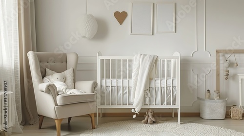 Baby room in scandinavian style with armchair and wood bed