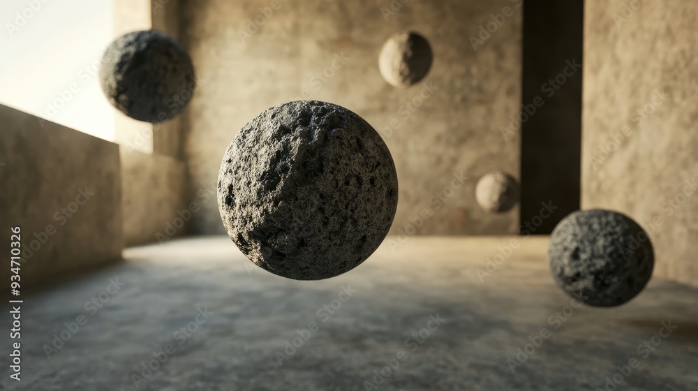Abstract Floating Spheres in Minimalist Concrete Room with Natural Light and Shadows Abstract Floating Spheres in Minimalist Concrete Room with Natural Light and Shadows