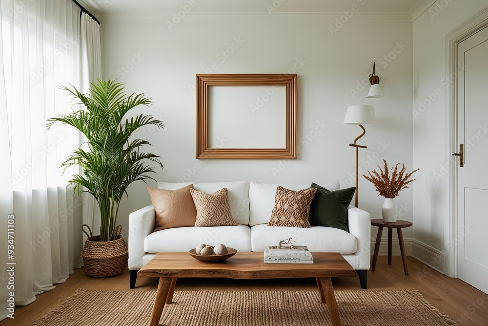 Fototapeta premium Serene Home Interior with 3D Frame in White Room and Eco-Friendly Wooden Table Design
