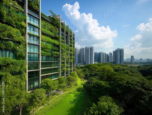 Wallpaper Mural Modern Eco-Friendly Urban Apartment Building with Vertical Gardens and City Skyline in Background Torontodigital.ca