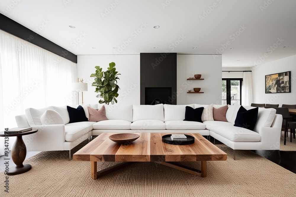 Open Plan Living Room with Pristine White Backdrop and Custom Wooden Table Open Plan Living Room with Pristine White Backdrop and Custom Wooden Table
