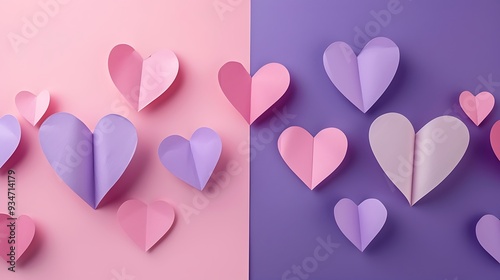 Beautiful composition of paper hearts isolated on purple and pink background