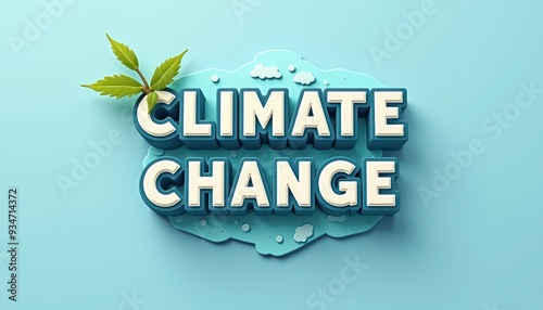 Climate change text with fresh green leaves, emphasizing environmental awareness against a blue backdrop.