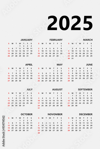 Multicolored monthly calendar template in minimalist style for 2025. Vertical printable calendar. Set for 12 months. Page with previous, current and future month.