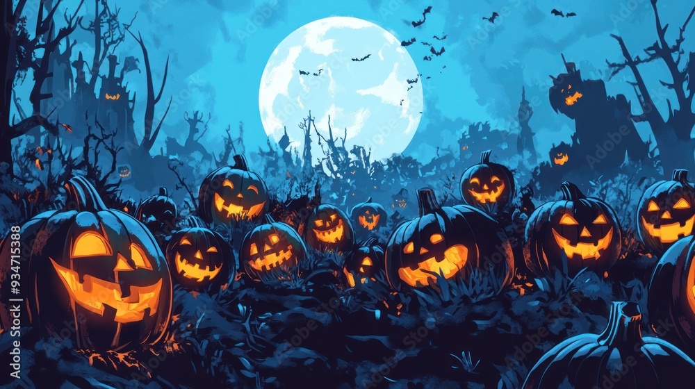 Halloween Jack-O-Lanterns Under a Full Moon
