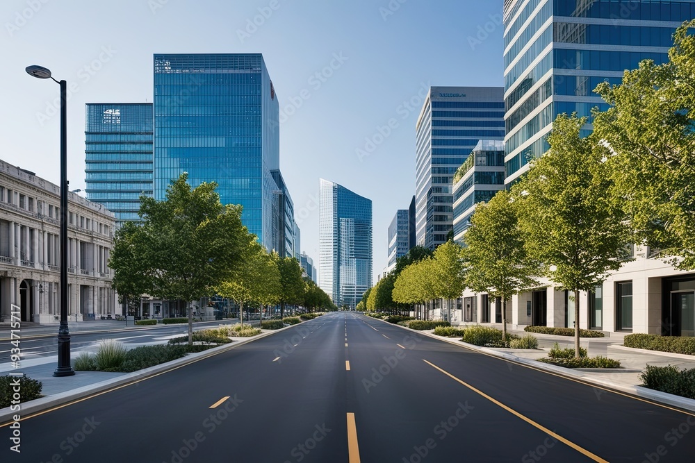 Fototapeta premium Pristine Avenue Surrounded by Modern Urban Office Structures and Cutting-Edge Architecture