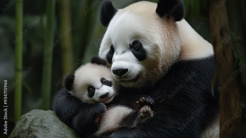 Tender Moment Between Mother and Baby Panda in a Tranquil Bamboo Forest. The Mother Panda Gently Embraces Her Peaceful Baby Tender Moment Between Mother and Baby Panda in a Tranquil Bamboo Forest. The Mother Panda Gently Embraces Her Peaceful Baby