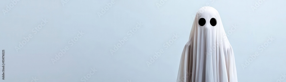 A spooky ghost draped in a white sheet with black eye holes, standing against a light blue background. Perfect for Halloween-themed projects. A spooky ghost draped in a white sheet with black eye holes, standing against a light blue background. Perfect for Halloween-themed projects.
