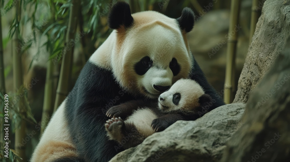 Obraz premium Tender Moment Between Mother and Baby Panda in a Tranquil Bamboo Forest. The Mother Panda Gently Embraces Her Peaceful Baby