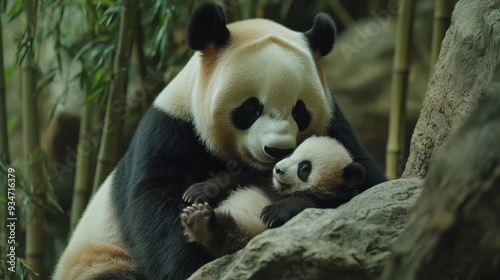 Tender Moment Between Mother and Baby Panda in a Tranquil Bamboo Forest. The Mother Panda Gently Embraces Her Peaceful Baby