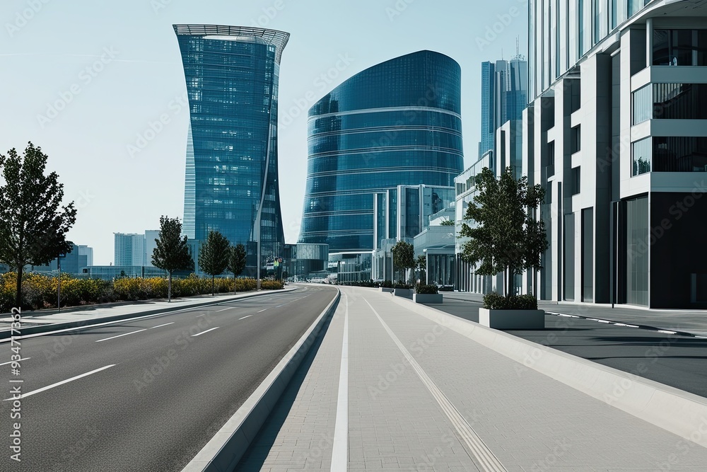 Fototapeta premium Intimate Focus on a Clean Thoroughfare Beside Futuristic City Office Buildings