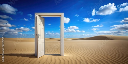 Door opened to vast desert landscape with blue sky , desert, sand, dunes, arid, dry, barren, wild, wilderness, solitude photo