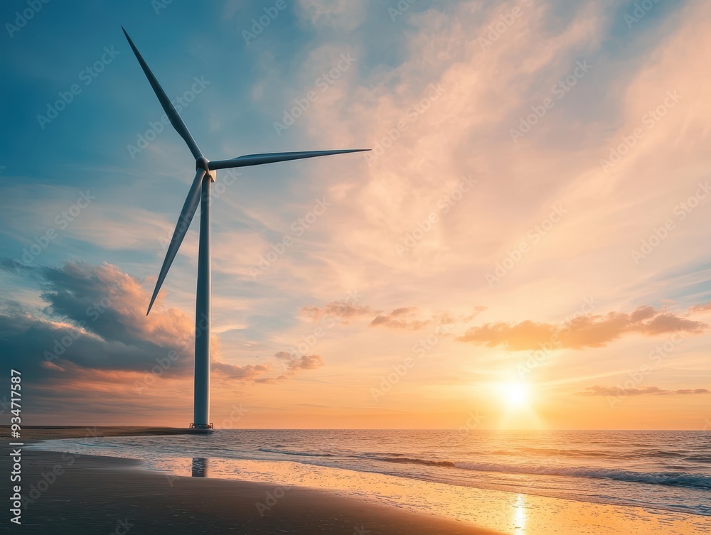 Obraz premium Wind Turbine on a Beach at Sunset with Dramatic Sky and Ocean Waves
