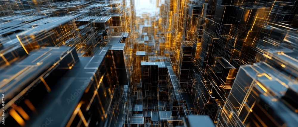 Futuristic Abstract Cityscape with Glowing Lights and Geometric Structures in a High-Tech Urban Environment Futuristic Abstract Cityscape with Glowing Lights and Geometric Structures in a High-Tech Urban Environment