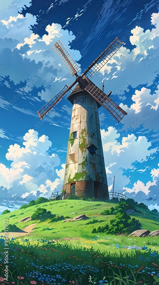 Abandoned anime windmill on a hill, surrounded by wildflowers and overgrown grass under a cloudy sky. Abandoned anime windmill on a hill, surrounded by wildflowers and overgrown grass under a cloudy sky.