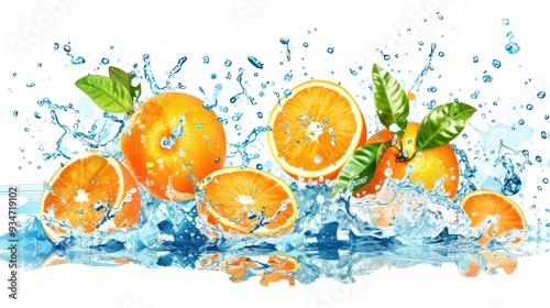 Fresh Oranges Splashing in Water