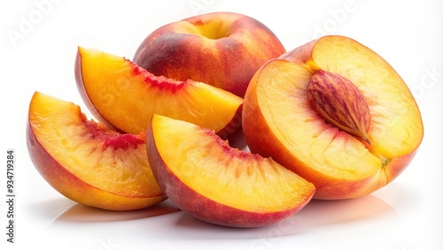 Isolated peach slices on a white background, peach, fruit, slices, fresh, natural, juicy, close-up, isolated, vibrant