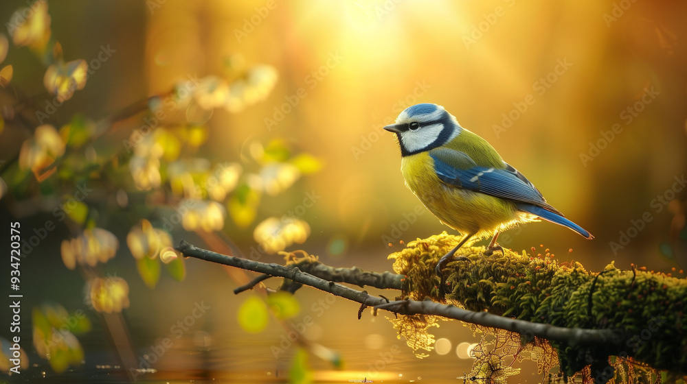 Obraz premium Natural background and a small blue bird perched on a branch with a small moss tree, covered in the forest by water against the yellow light of the background of the spring morning sun