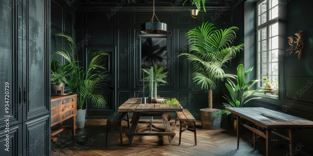 Fototapeta premium Interior of tropical apartment with abundant greenery dark walls adorned with molding and a wooden table and bench