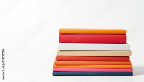 Stack of colorful hardcover books on a white background.