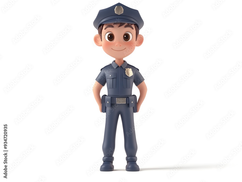 Full Body 3D Animated Character of a Young Boy Wearing a Police Officer Uniform Standing Isolated on a White Background Depicting the Authority and Security of Law Enforcement Full Body 3D Animated Character of a Young Boy Wearing a Police Officer Uniform Standing Isolated on a White Background Depicting the Authority and Security of Law Enforcement