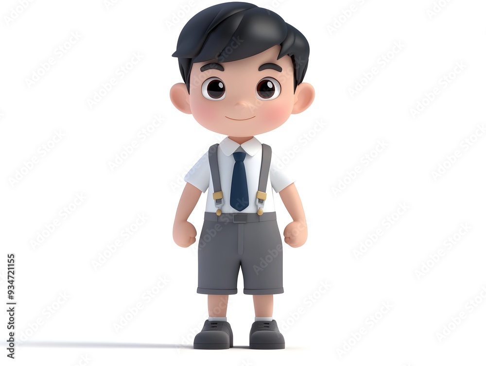 3D animated character of a young boy wearing a professional teacher s uniform standing centered and isolated on a clean white background Minimalist and simple digital render or for educational 3D animated character of a young boy wearing a professional teacher s uniform standing centered and isolated on a clean white background Minimalist and simple digital render or for educational