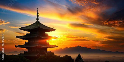 Japanese temple silhouette against sunset sky with traditional architecture and peaceful atmosphere, Japan, temple