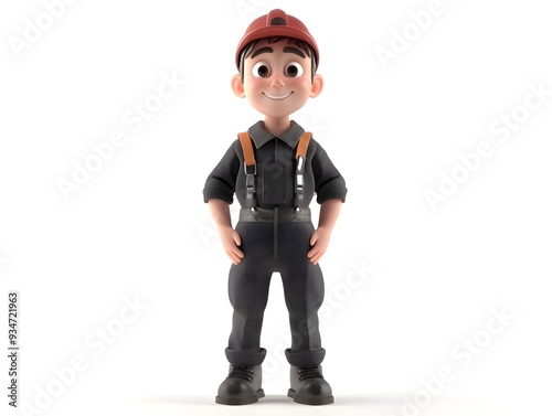 3D rendering of a young male engineer character in a complete uniform standing at the center of a plain white background with no shadows