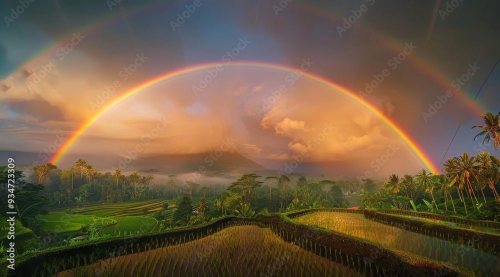 Obraz premium Double Rainbow Over Lush Rice Terraces and a Mountain