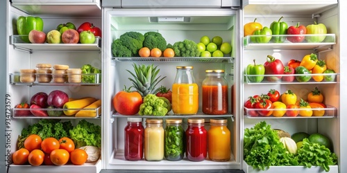 Wallpaper Mural Front view of open fridge filled with fresh fruits, vegetables, juice, and healthy food items, healthy, refrigerator, fruits Torontodigital.ca