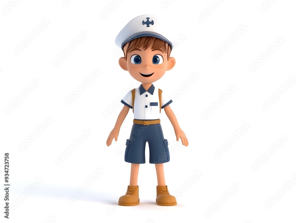 Animated 3D Rendering of a Young Boy Wearing a Marine Biologist Uniform Standing Centered on a Clean White Background with No Shadows Animated 3D Rendering of a Young Boy Wearing a Marine Biologist Uniform Standing Centered on a Clean White Background with No Shadows