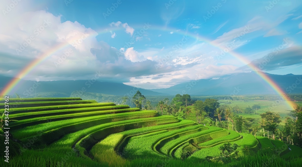 Obraz premium Lush Green Rice Terraces with a Rainbow Over Mountains
