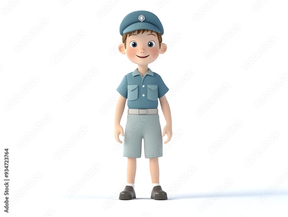 3D animated full body character model of a young boy wearing a marine biologist uniform standing centered and isolated on a plain white background with no shadows Concept of scientific education 3D animated full body character model of a young boy wearing a marine biologist uniform standing centered and isolated on a plain white background with no shadows Concept of scientific education