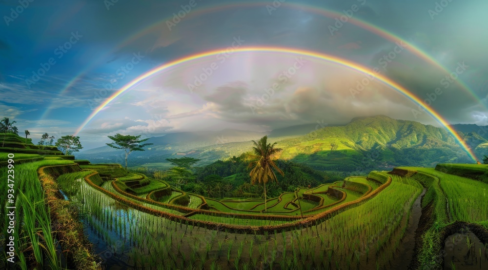 Obraz premium Double Rainbow Over Lush Green Rice Terraces