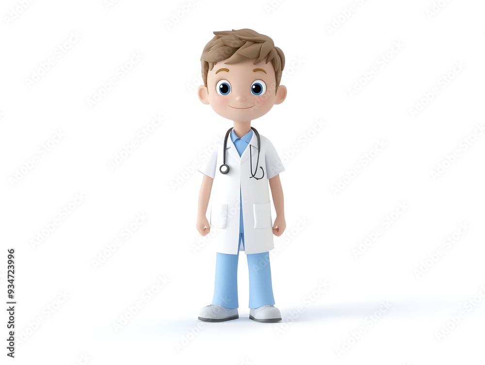 Detailed 3D animation of a full body boy character wearing a nutritionist uniform standing centered on a clean white background with no shadows Detailed 3D animation of a full body boy character wearing a nutritionist uniform standing centered on a clean white background with no shadows