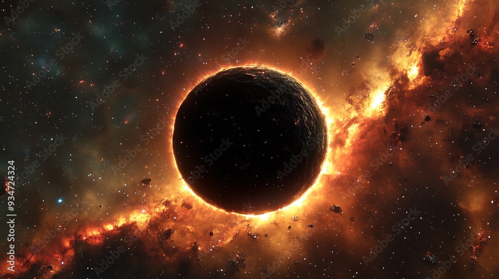 Cosmic void around a black hole visualized as a 3D expanse of darkness with 2D stars being pulled into the event horizon showing the isolation of the black hole in the universe