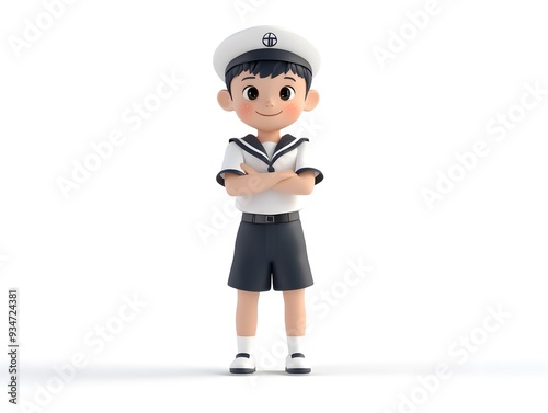 Charming 3D Animated Boy in Classic Sailor Uniform Standing Centered on Clean White Background Isolated Full Body Figure of Young Maritime Themed Character