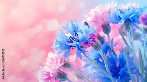 Bouquet of beautiful cornflowers on pink and blue background