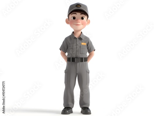 3D Rendered Full Body Boy in Truck Driver Uniform Standing at the Center Isolated on a White Background with No Shadow