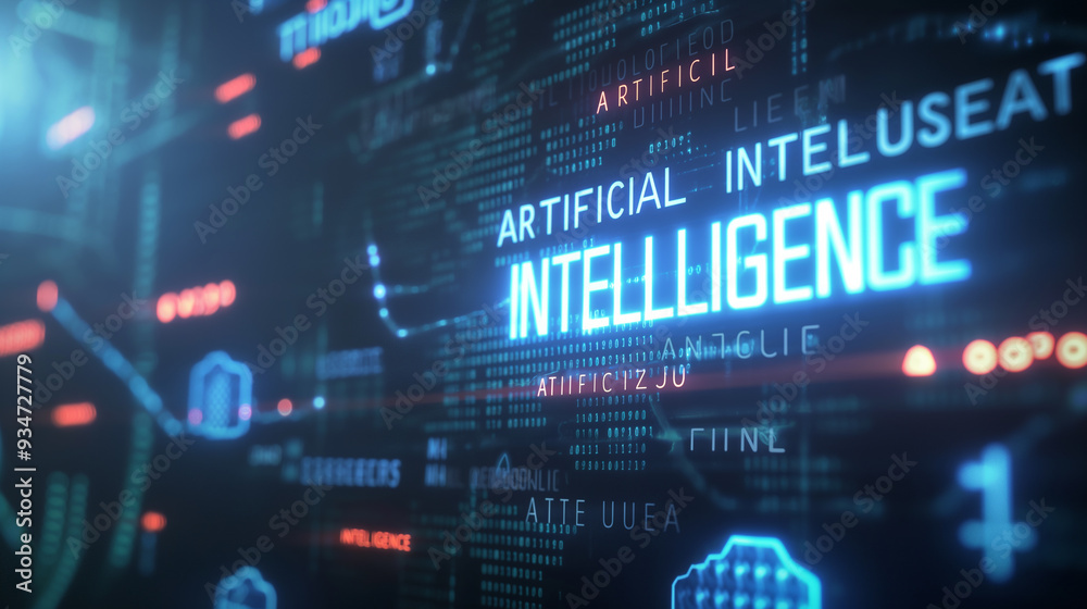 Fototapeta premium word ARTIFICIAL INTELLIGENCE augmented reality hologram display with binary codes in background, futuristic AI technology background wallpaper 