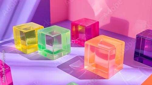 Bright colored monophonic plastic cubes lie on the floor isolated on purple and pink background photo