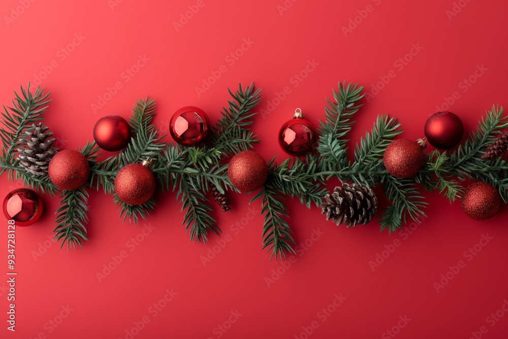 Christmas garland of red Christmas balls and pine branches on red background Christmas garland of red Christmas balls and pine branches on red background