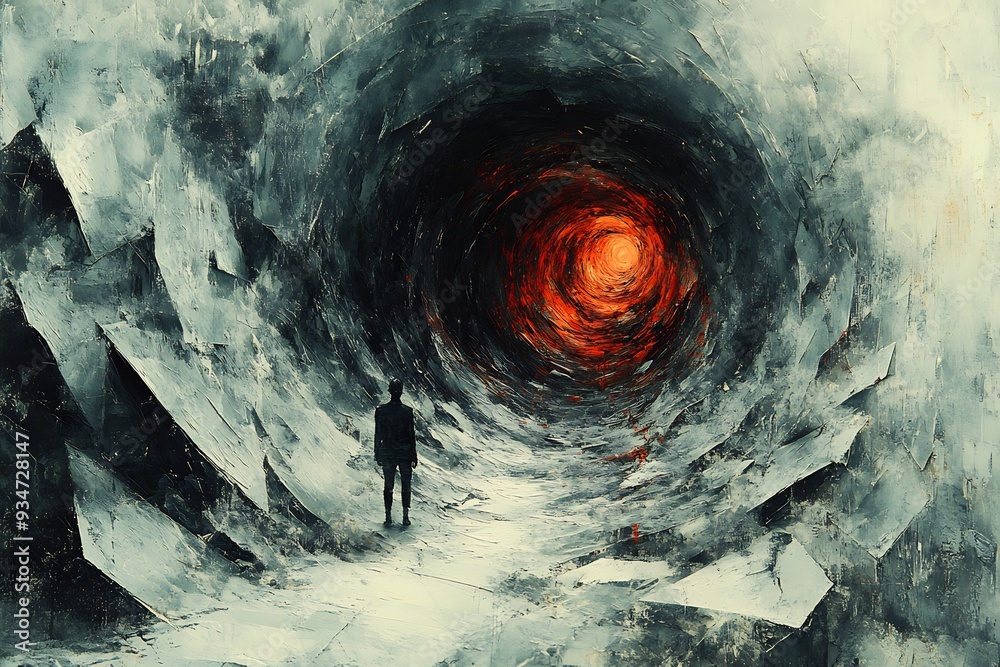 Fototapeta premium Endless Spiral of Anxiety An abstract representation of a person caught in an endless spiral that twists and turns in dark muted colors The spiral is filled with abstract symbols of anxiety