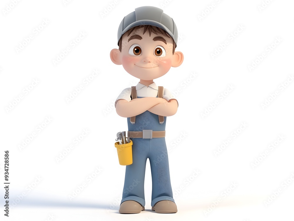 Detailed 3D animated full body character of a young boy wearing a plumber s uniform standing confidently on a clean white background Showcasing the character s profession equipment Detailed 3D animated full body character of a young boy wearing a plumber s uniform standing confidently on a clean white background Showcasing the character s profession equipment