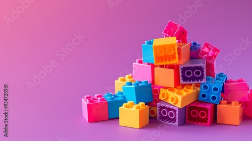 Buildable colored plastic blocks to play isolated on purple and pink background photo