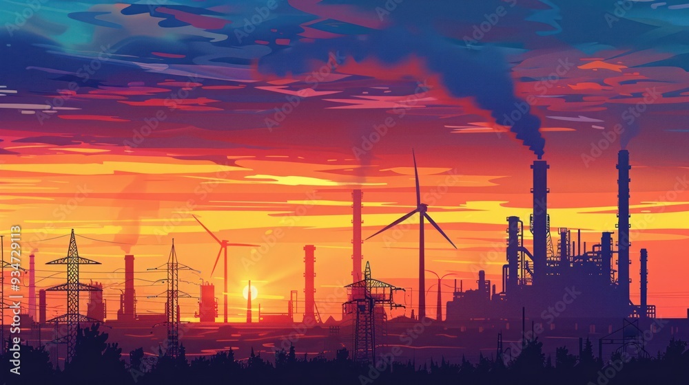 A panoramic sunset view behind a clean energy factory A panoramic sunset view behind a clean energy factory