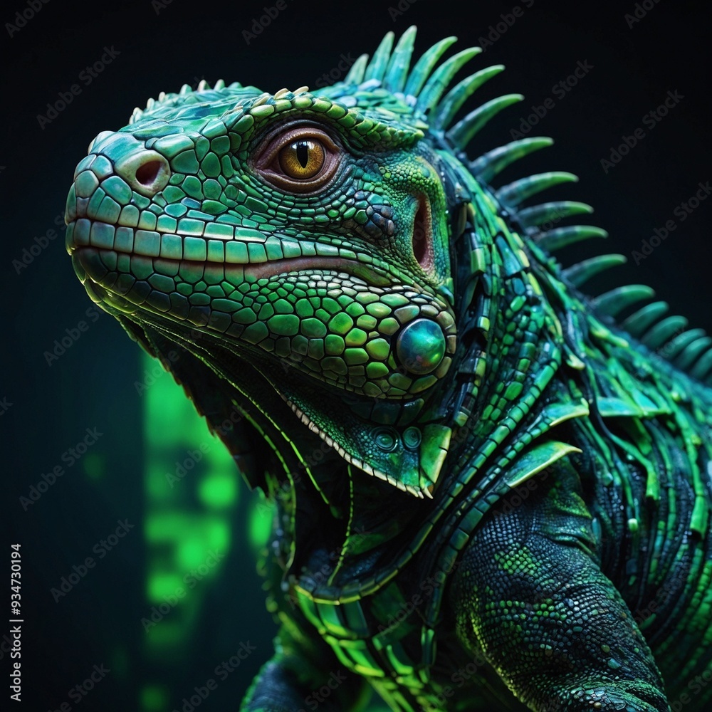 Fototapeta premium Abstract neon light Cyborg Iguana, glowing space background