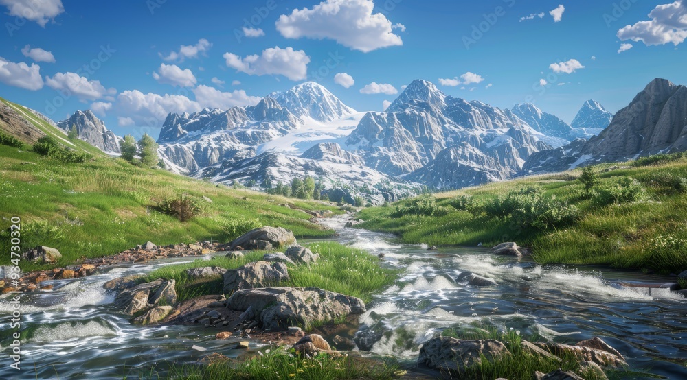 Mountain River Flowing Through a Valley with Snow-capped Peaks Mountain River Flowing Through a Valley with Snow-capped Peaks